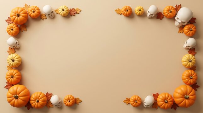 Autumn frame of pumpkins and gourds on a neutral beige background