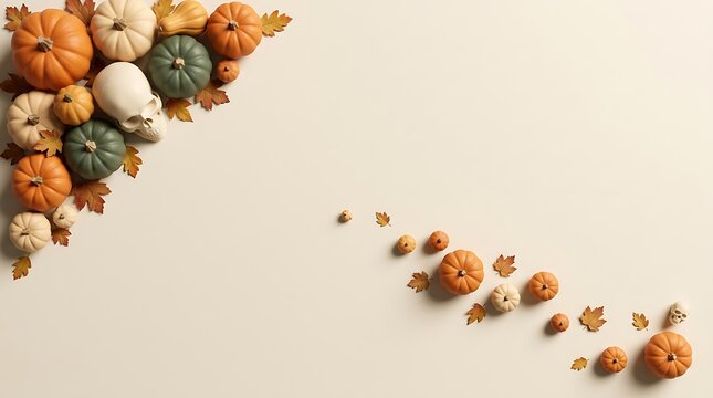 Assorted autumn pumpkins and gourds decorative border on neutral background