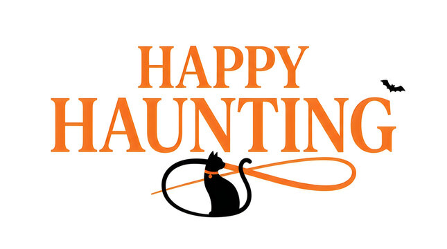 A festive happy haunting text design featuring a cute black cat for your creative seasonal halloween holiday party decorations