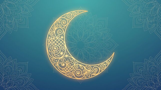 Golden ornate crescent moon with floral mandala patterns on a teal blue background illustration