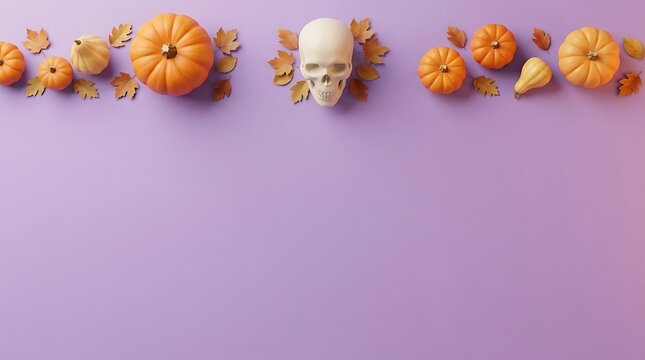 Halloween arrangement of pumpkins and a skull on a lavender background