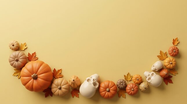 Autumn arrangement of pumpkins and gourds forming a curved line on beige