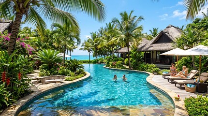 Fototapeta premium Luxury Tropical Resort Pool with Palm Trees