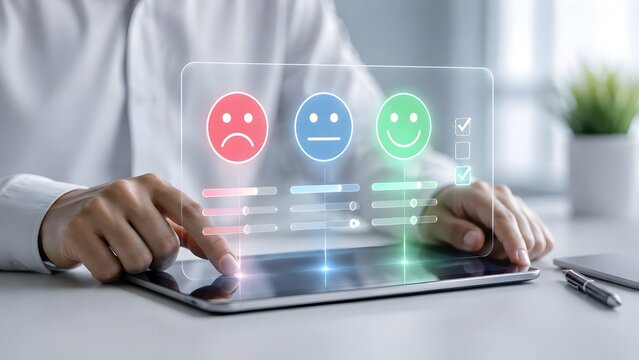 Customer Selecting Rating Sliders On Transparent Feedback Sentiment Interface