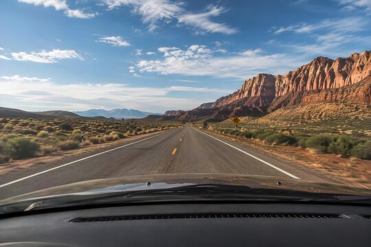driver perspective of empty two lane road beside red rock sandstone cliffs
