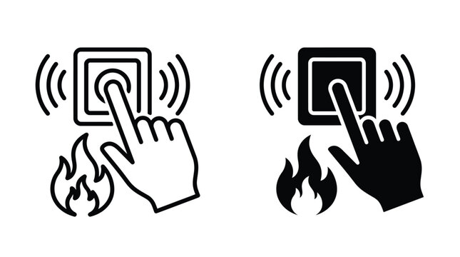 Hand pressing a red emergency fire alarm button with stylized flames in a black white style