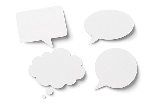 White paper speech bubbles and thought bubble on white background