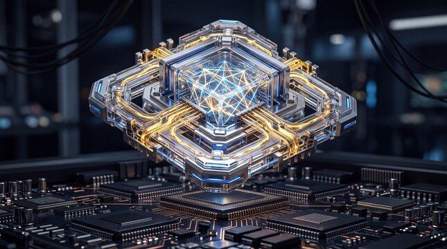 Futuristic quantum computer chip with glowing circuitry and intricate design, symbolizing advanced computing power.