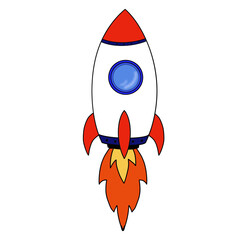 Cartoon Rocket Ship Launching with Fire Flame, Spaceship Vector Illustration Isolated on White © Pickphom