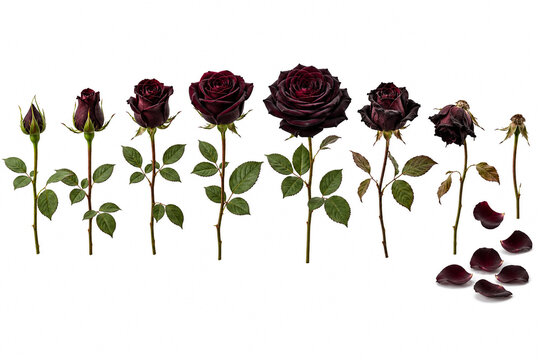 Lifecycle stages of a dark red rose from bud to wilted flower.