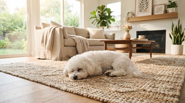 An Adorable Fluffy Bichon Frise Puppy Resting Peacefully on a Warm Sunlit Jute Carpet at Home