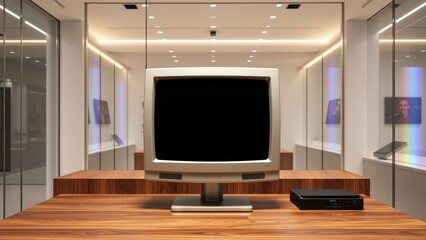 Fototapeta premium Minimalist interior features dark wood surface, retro television, mirrored walls. Dramatic lighting creates infinite reflection effect. Modern design.