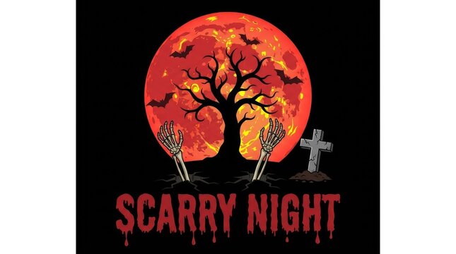 Spooky halloween night illustration featuring a glowing red full moon silhouette tree and dark graveyard tombstones design