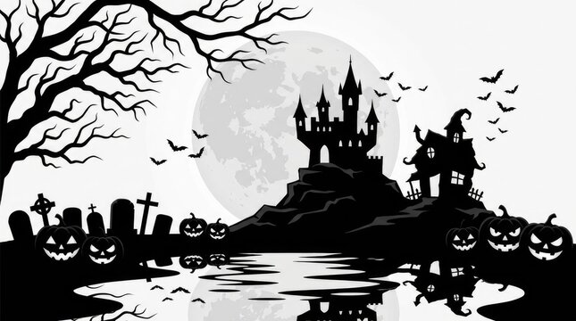 Spooky halloween background featuring a haunted castle silhouette with jack o lanterns and a full moon night