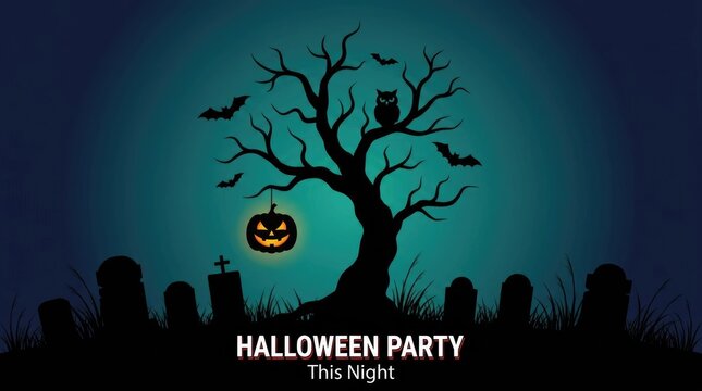Spooky halloween party background featuring a glowing jack o lantern hanging from a dark dead tree silhouette