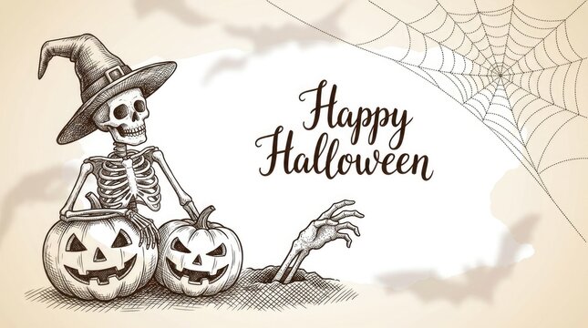 Vintage hand drawn illustration of a skeleton wearing a witch hat sitting with pumpkins for halloween celebration