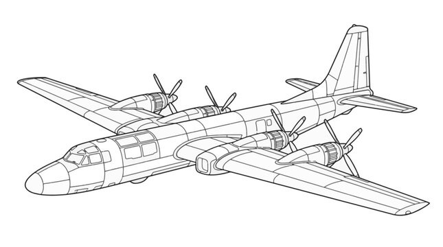 Detailed black and white vector outline illustration of a classic four-engine turboprop military reconnaissance aircraft flying in perspective view