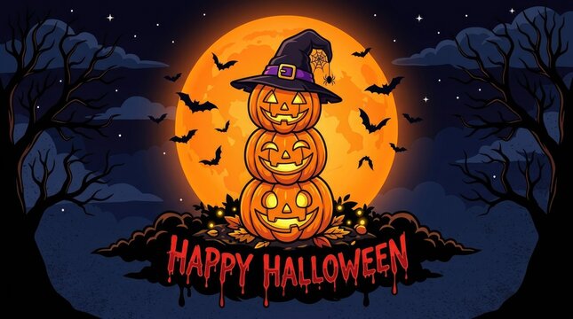 A stack of spooky carved jack o lanterns wearing a witch hat against a full moon halloween background