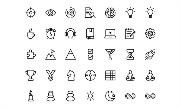 Set outline icons related to focus, concentration. Linear icon collection. Editable stroke. Vector illustration