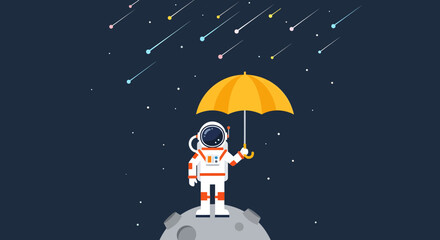 Fototapeta premium Astronaut Holding Umbrella on Moon with Meteor Shower