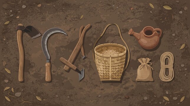 Traditional farming tools including wooden hoe, sickle, hand plow, bamboo basket and seed pouch arranged in a rustic flat vector illustration.