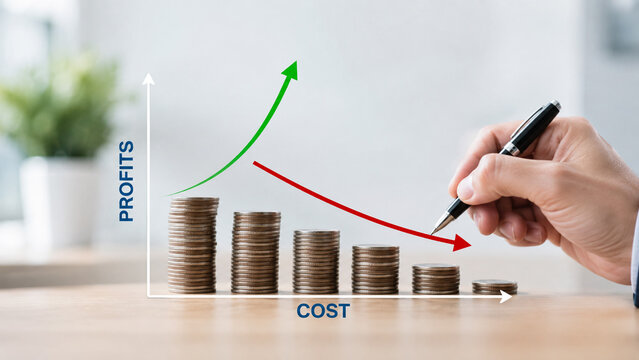Hand pointing to cost reduction and profit growth chart with coin stacks.