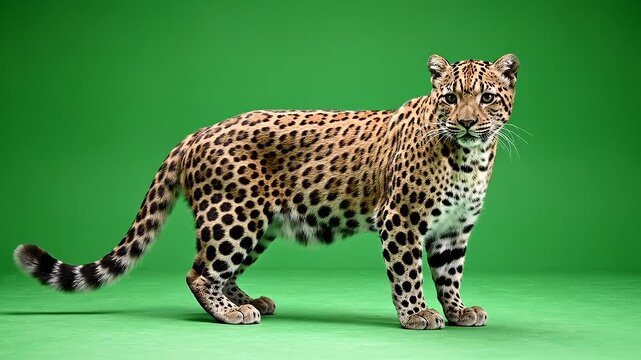 Leopard Standing and Turning in Green Screen Studio