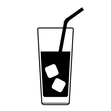 Black and white vector icon of a glass with drink and ice cubes