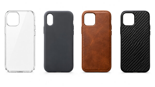 Various smartphone cases set in clear silicone leather and carbon fiber textures.