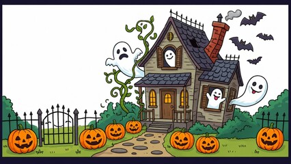 Naklejka premium Cute haunted house illustration with friendly flying ghosts, pumpkins, and a blank wooden sign, leaving ample white copy space for invitations.