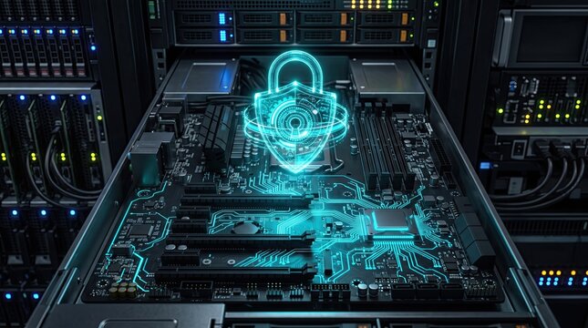 High-tech circuit board with digital lock symbol, representing cybersecurity and data protection in modern computing.