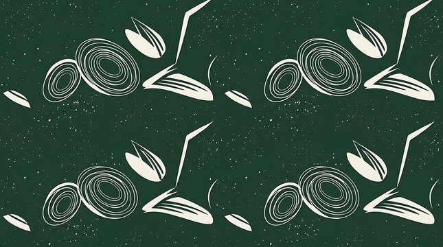 Abstract botanical illustration with delicate lines and shapes on a dark green background