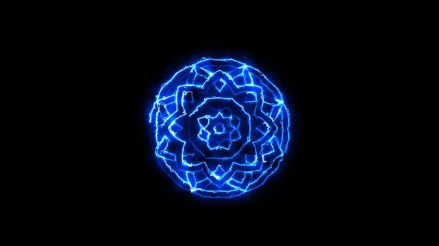 Glowing blue mandala light pattern on black background