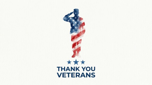 Veterans Day Watercolor illustration of saluting soldier with American flag pattern for Veterans Day honoring military service members USA