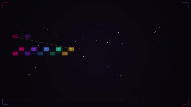 Seamless looping tech background with colorful pixel blocks and scattered particles on dark canvas