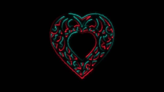 Glowing red and blue neon heart with ornate pattern