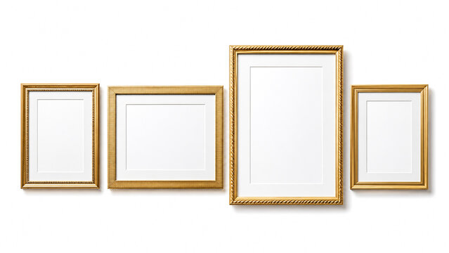 Set of blank classic gold picture frames on white background.