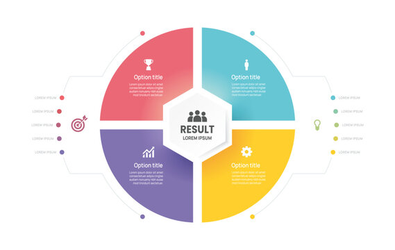 Infographic Venn diagram chart template for business 4 circle label options, presentation with venn diagram elements vector illustration.