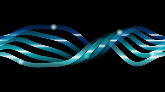Seamless looping teal and blue double helix dna strand flowing against a black background
