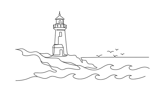 Minimalist single continuous line drawing of a coastal lighthouse with ocean waves and flying birds for design.