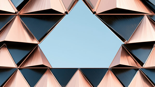 Abstract Futuristic Triangular Pyramid Surface with Glowing Copper Gold Geometric Frame