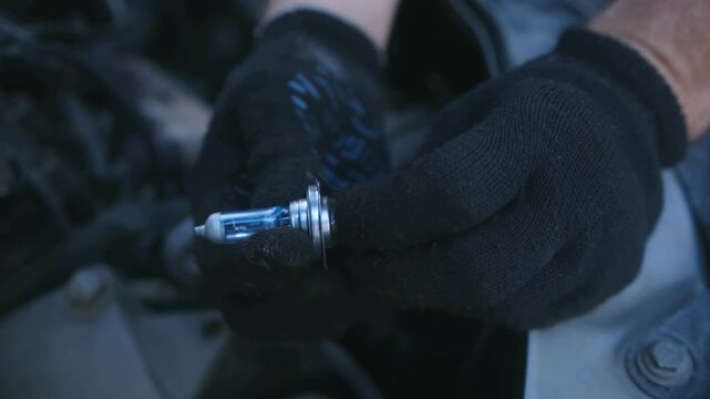 Close up professional auto mechanic wearing black gloves holding new halogen car headlight bulb before installing it in engine bay of modern vehicle during maintenance.