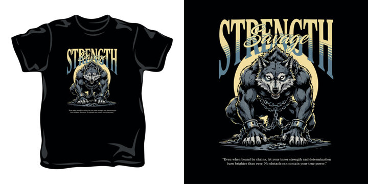 Savage wolf silhouette illustration with chains design for apparel print.