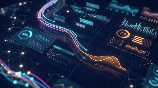 Glowing fiber optic data streams flowing over digital charts and graph