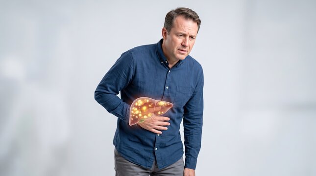Man experiencing abdominal discomfort while holding his stomach in discomfort due to internal stress or pain.