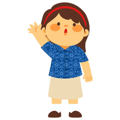 Fototapeta premium Batik uniform student girl pointing upward, expressing curiosity during Indonesian school learning activities.