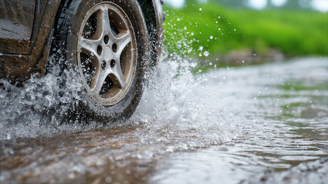 Car tire splashing water on wet muddy road with green grass background