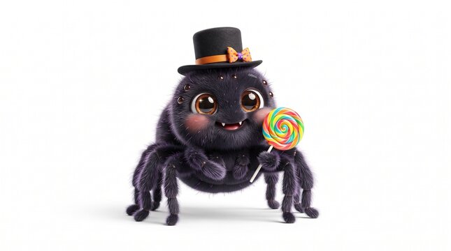 Cute Cartoon Spider Wearing Top Hat and Bow Tie Holding Lollipop