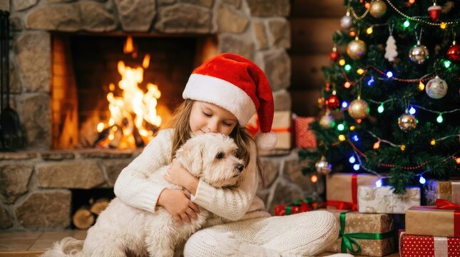 A joyful little girl in a santa hat hugs a fluffy white puppy by a warm fireplace at christmas