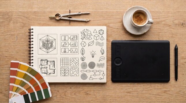Top-down view of a creative designer workspace with a sketchbook, graphics tablet, color palette, and compass on a wooden desk